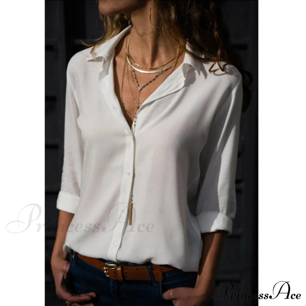 Tops Office Warm-Season Blouse Women V-Neck Casual Solid Shirts Chiffon Regular