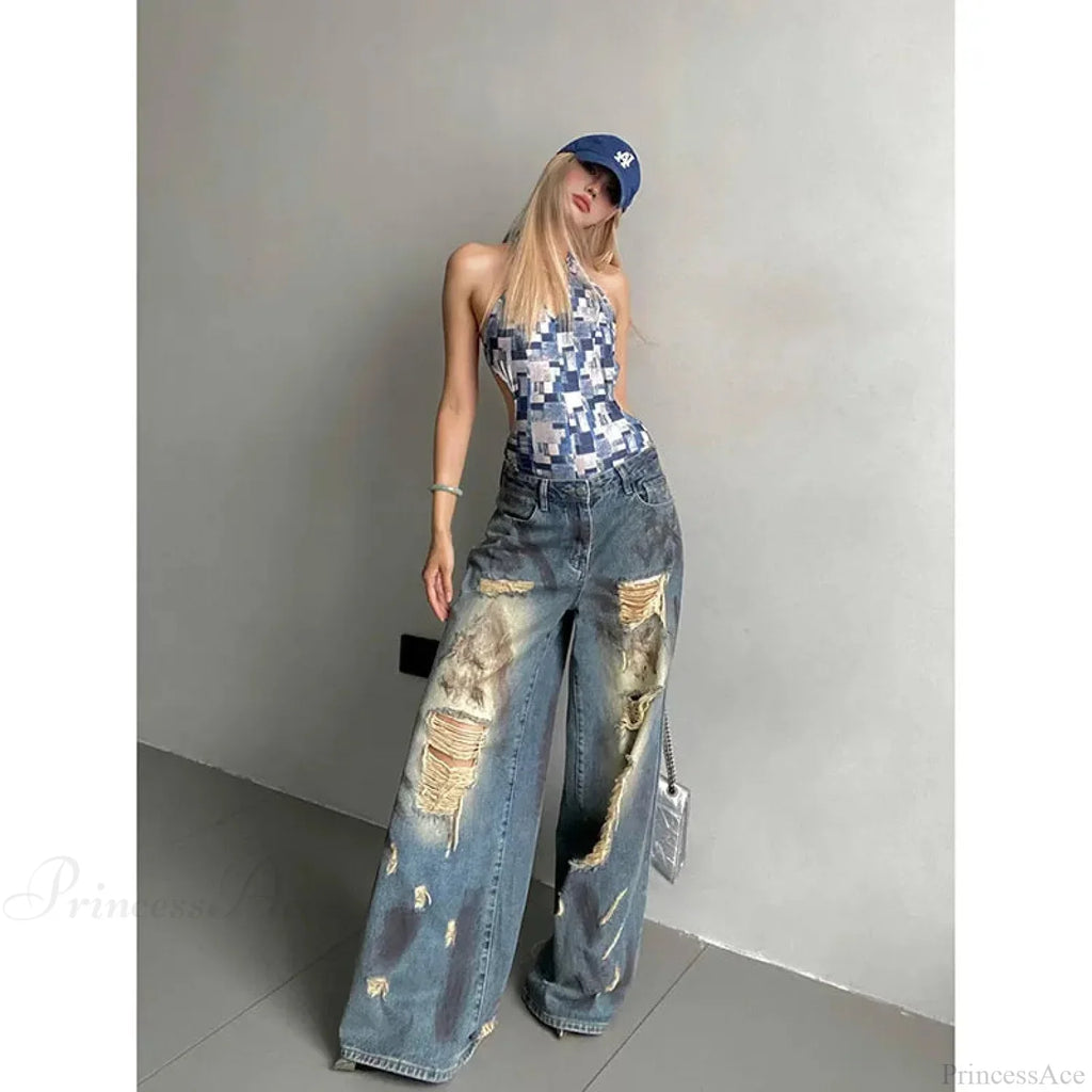 Torn Dark Blue Harajuku Pant