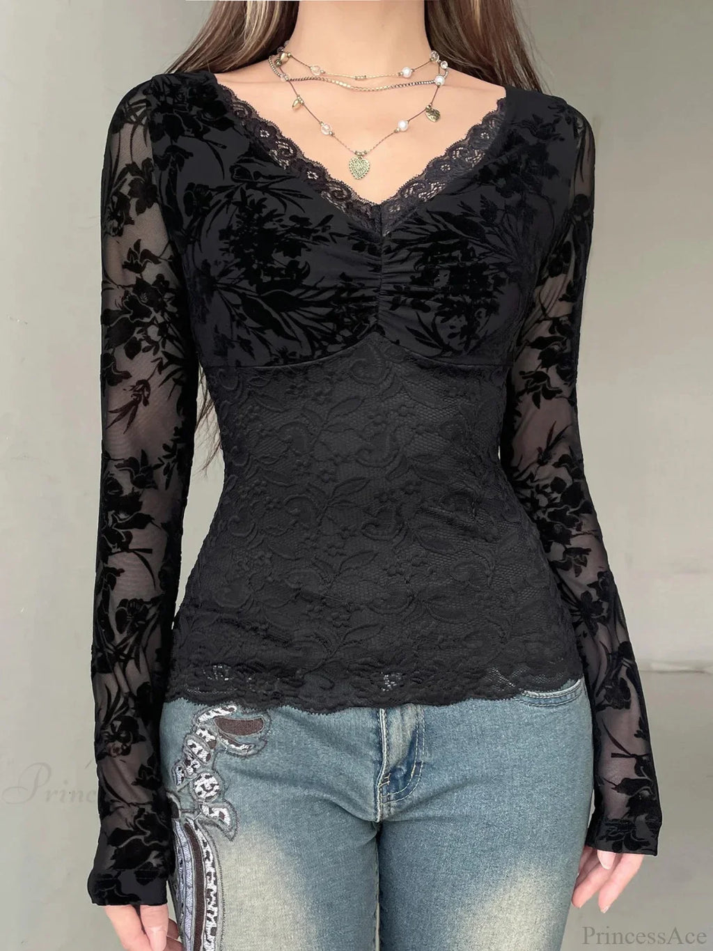 Transparent Lace V-Neck Knitted Top