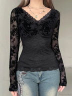 Transparent Lace V-Neck Knitted Top