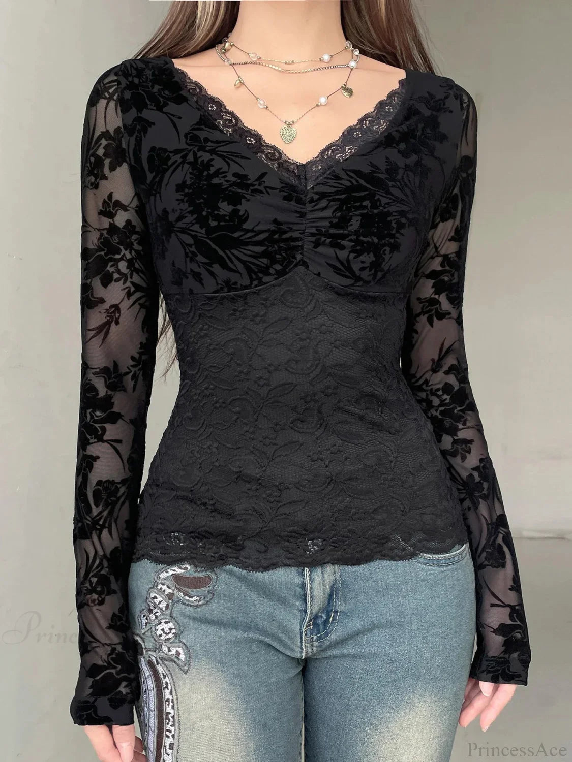 Transparent Lace V-Neck Knitted Top