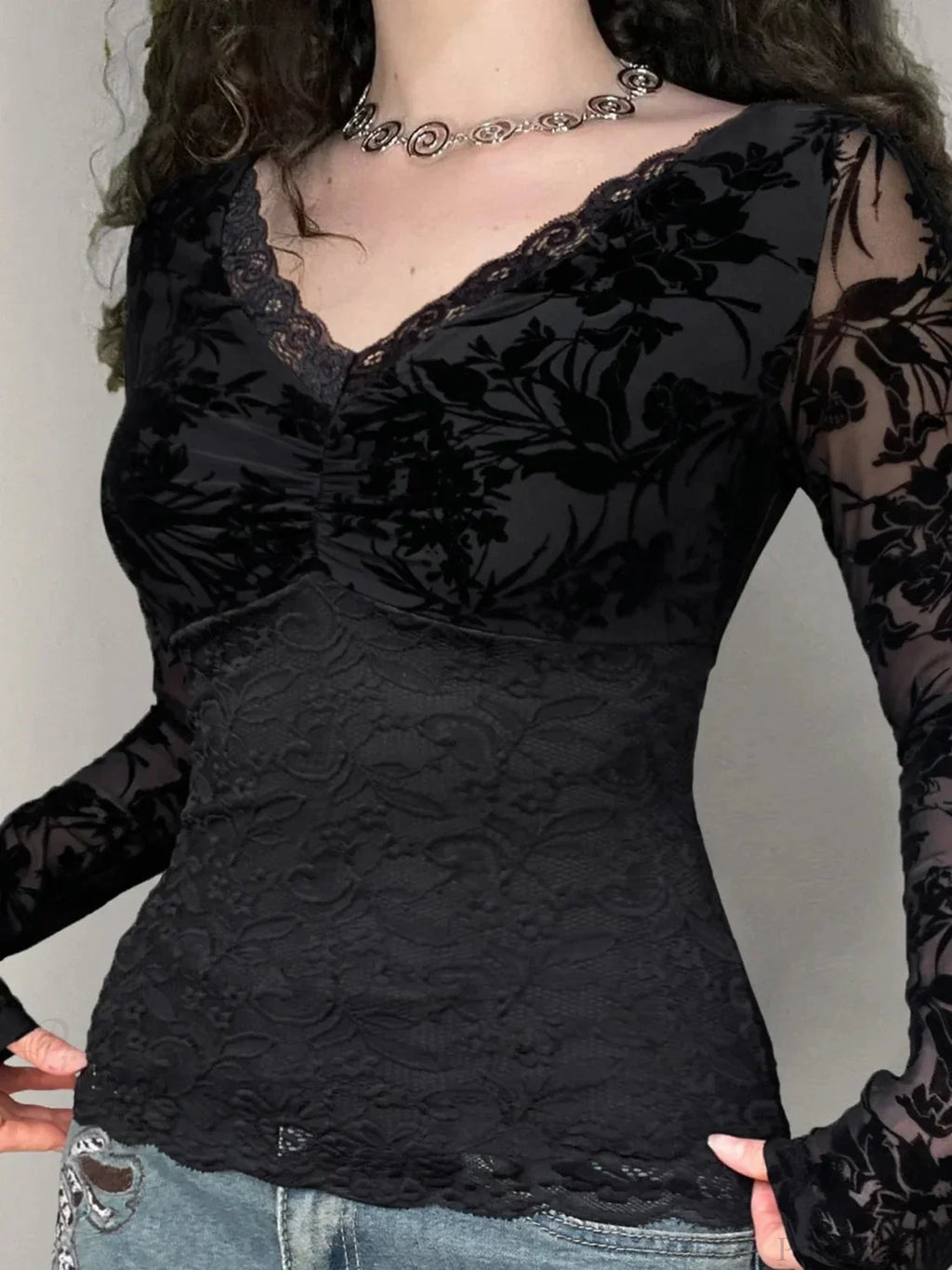 Transparent Lace V-Neck Knitted Top