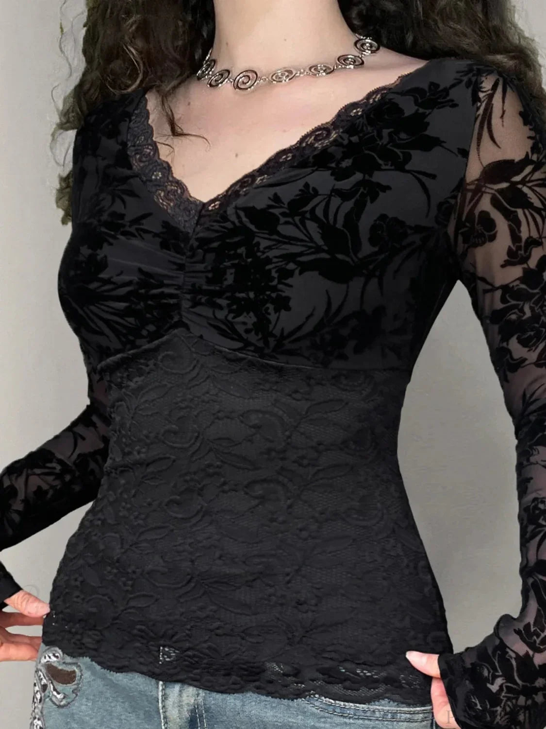 Transparent Lace V-Neck Knitted Top