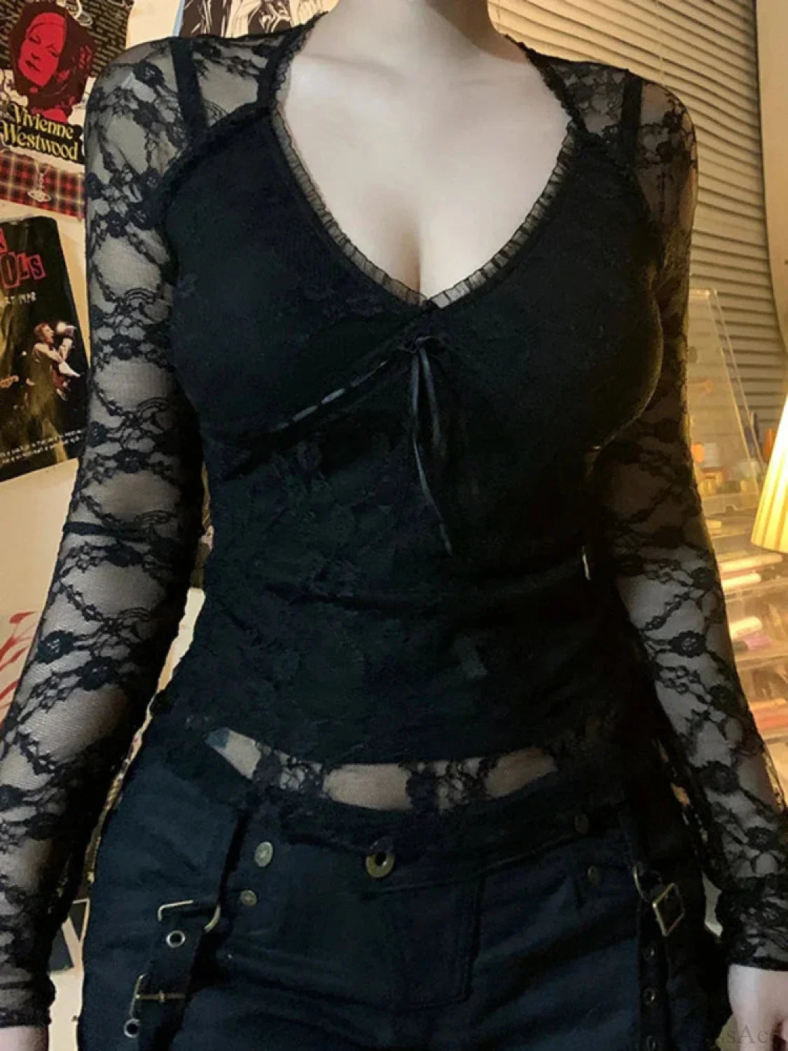 Transparent Lace V-Neck Knitted Top