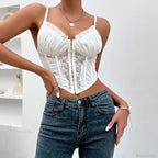 Trendy Mesh Fishbone Lace Pleated Crop Top