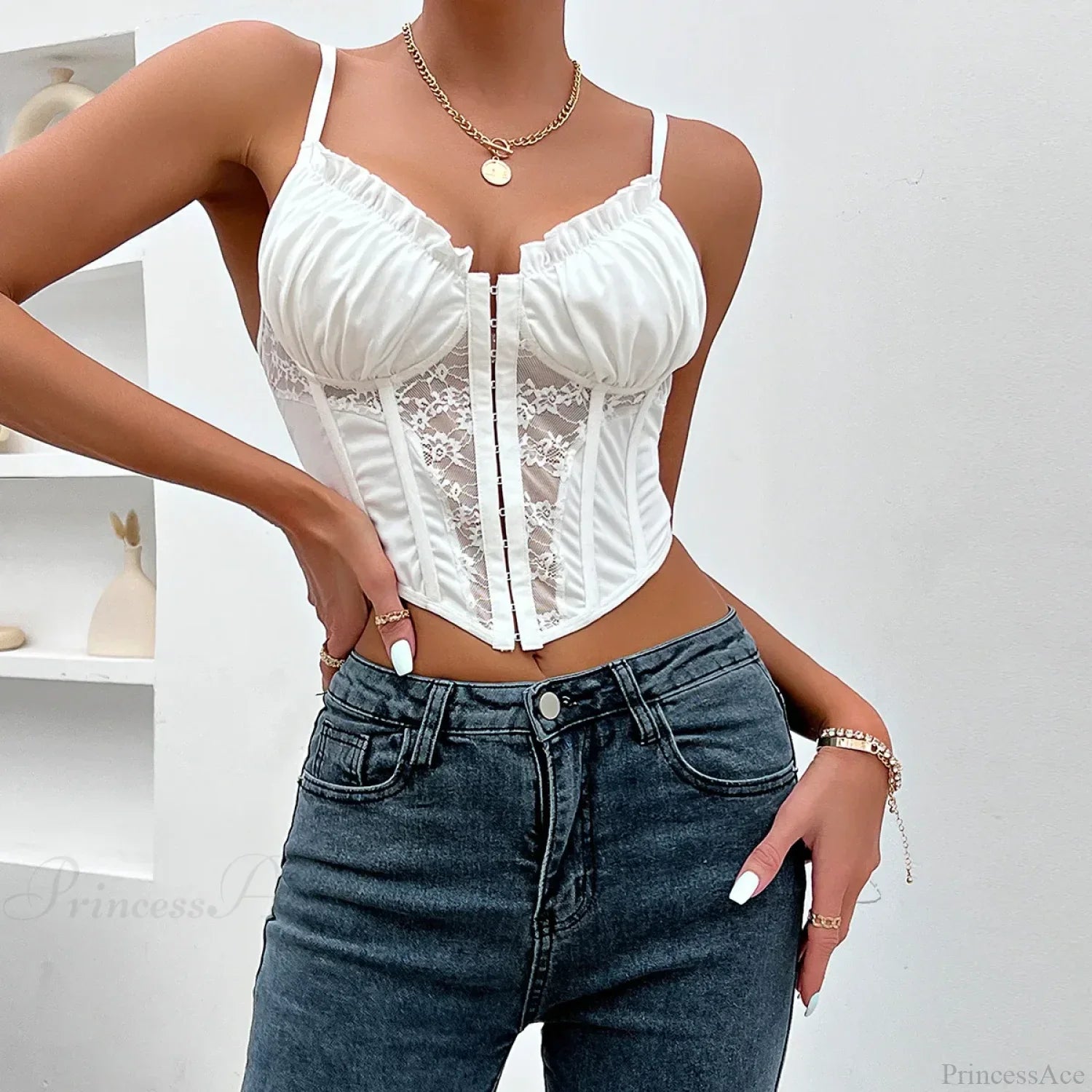 Trendy Mesh Fishbone Lace Pleated Crop Top