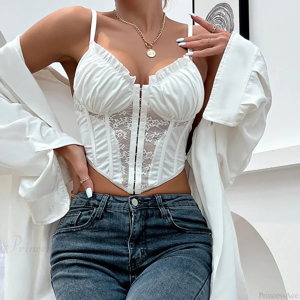 Trendy Mesh Fishbone Lace Pleated Crop Top