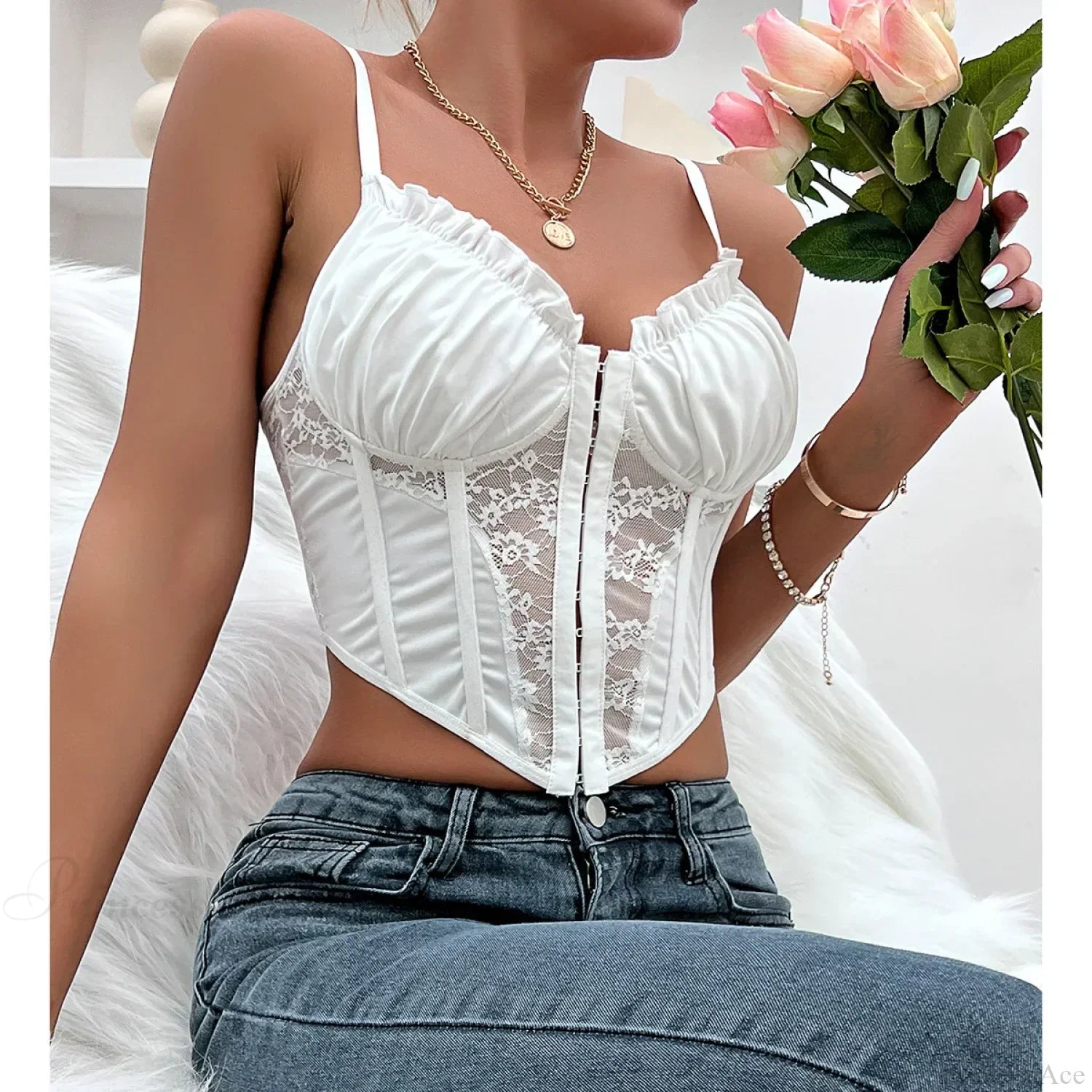 Trendy Mesh Fishbone Lace Pleated Crop Top