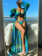 Triangle String Bikini Set With Kimono Three Piece Swimsuit