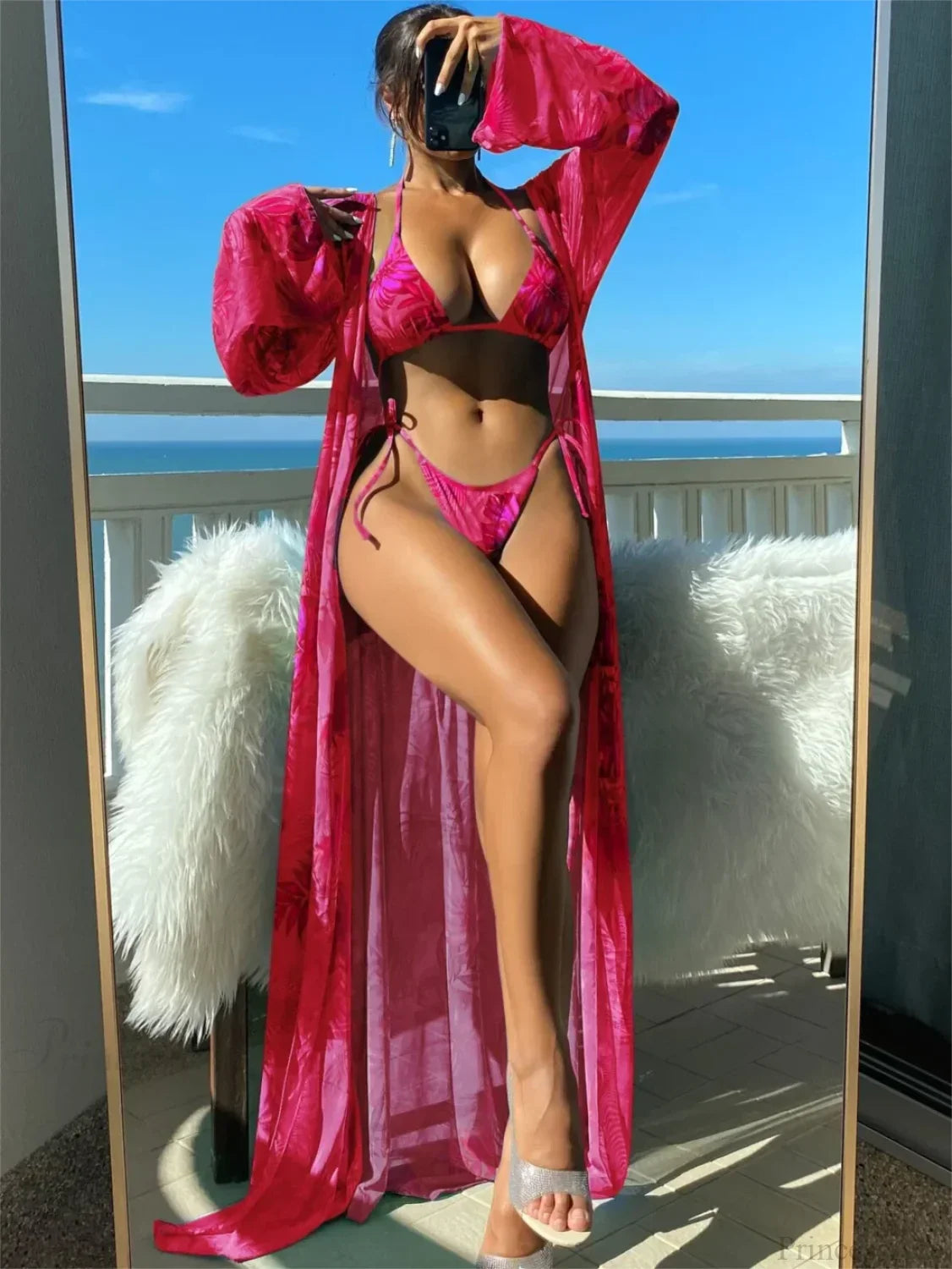 Triangle String Bikini Set With Kimono Three Piece Swimsuit