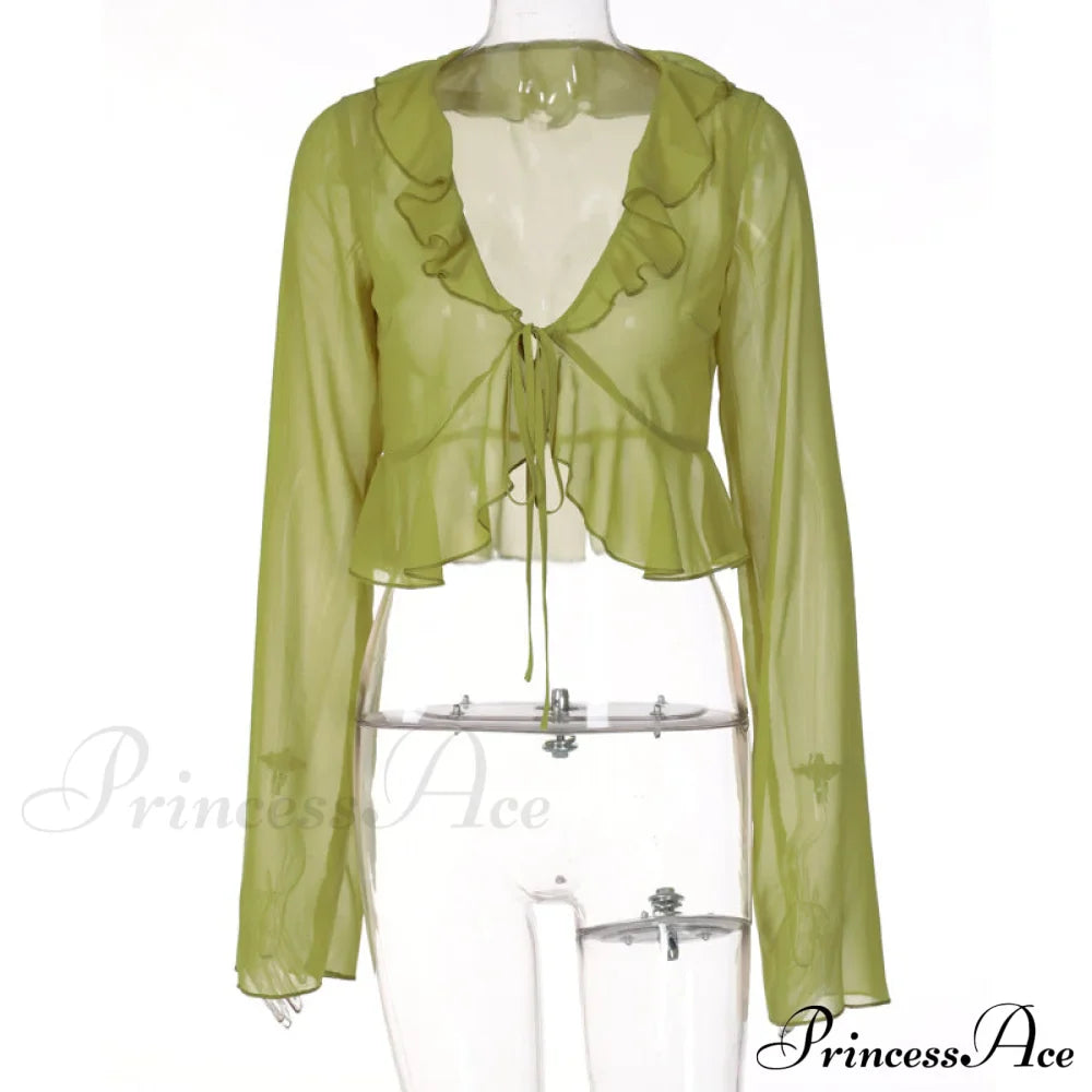 Trim Lace T-Shirt 90S With Chiffon Ruffles Up And Vintage Green Detail