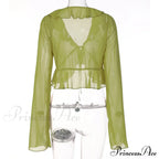 Trim Lace T-Shirt 90S With Chiffon Ruffles Up And Vintage Green Detail