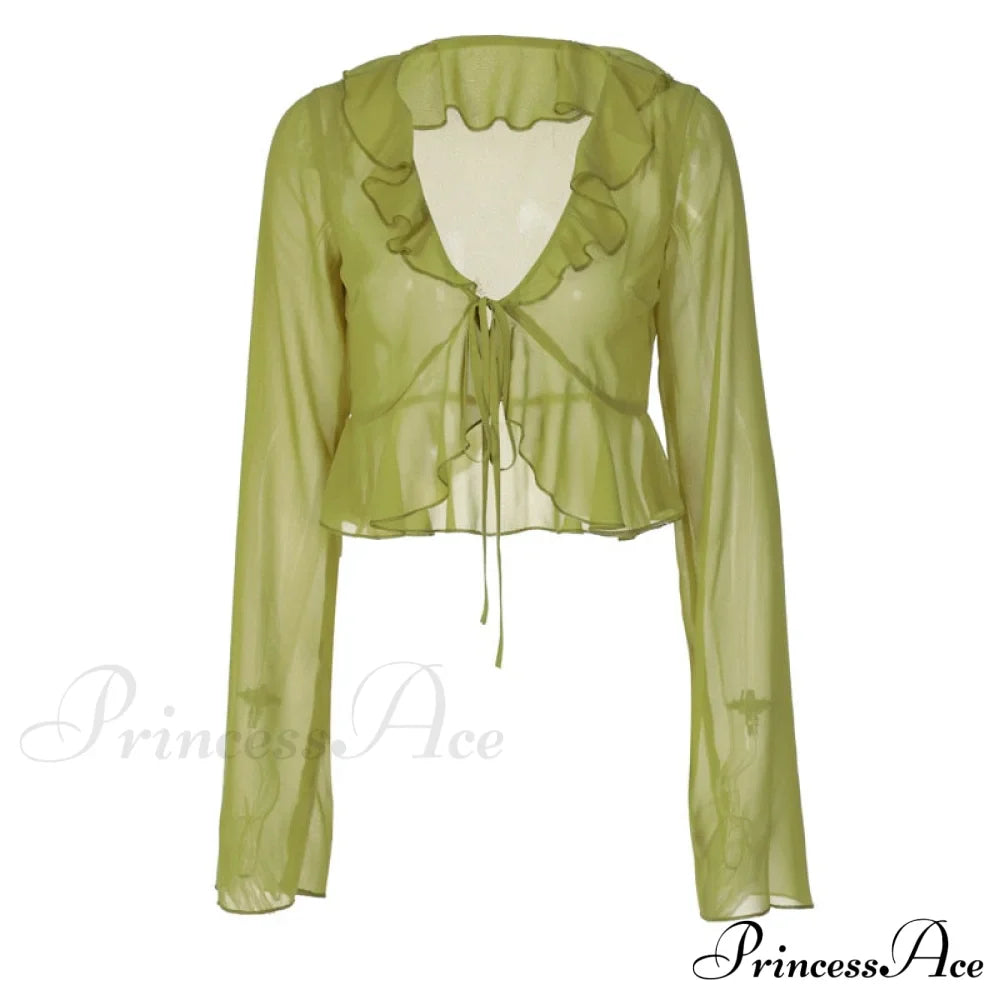 Trim Lace T-Shirt 90S With Chiffon Ruffles Up And Vintage Green Detail