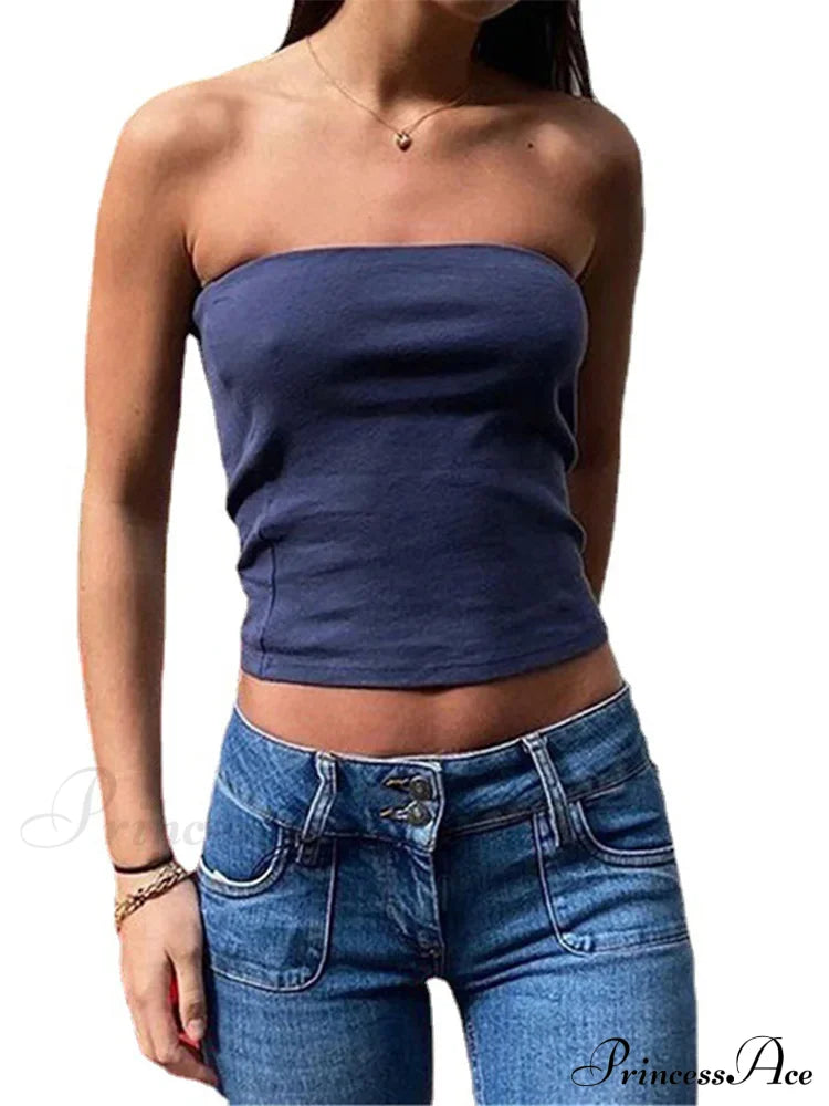 Tubes Women Skinny Summer Off Shoulder Blue Y2K 90S Sexi Crop Streetwear Tank Top