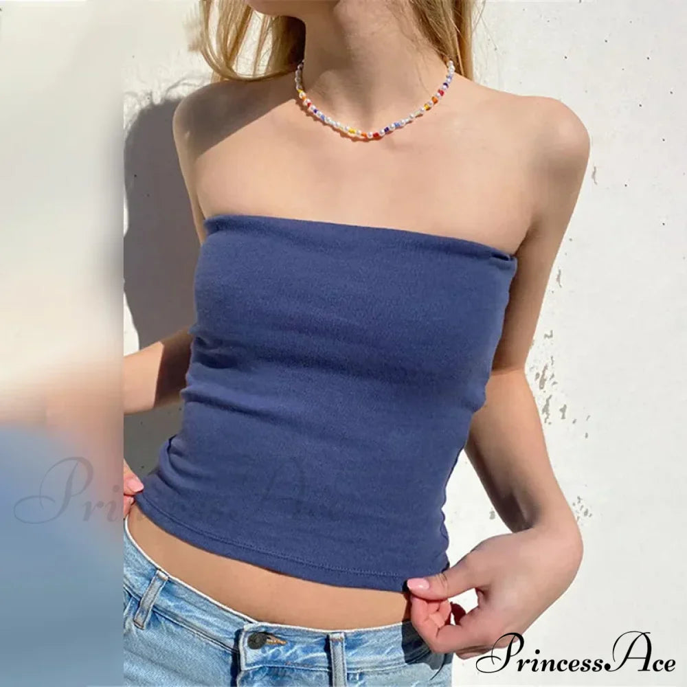 Tubes Women Skinny Summer Off Shoulder Blue Y2K 90S Sexi Crop Streetwear Tank Top