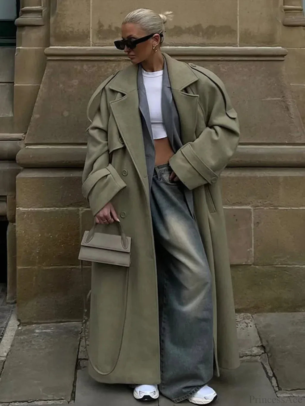 Turn-Down Collar Lace-Up Loose Overcoat