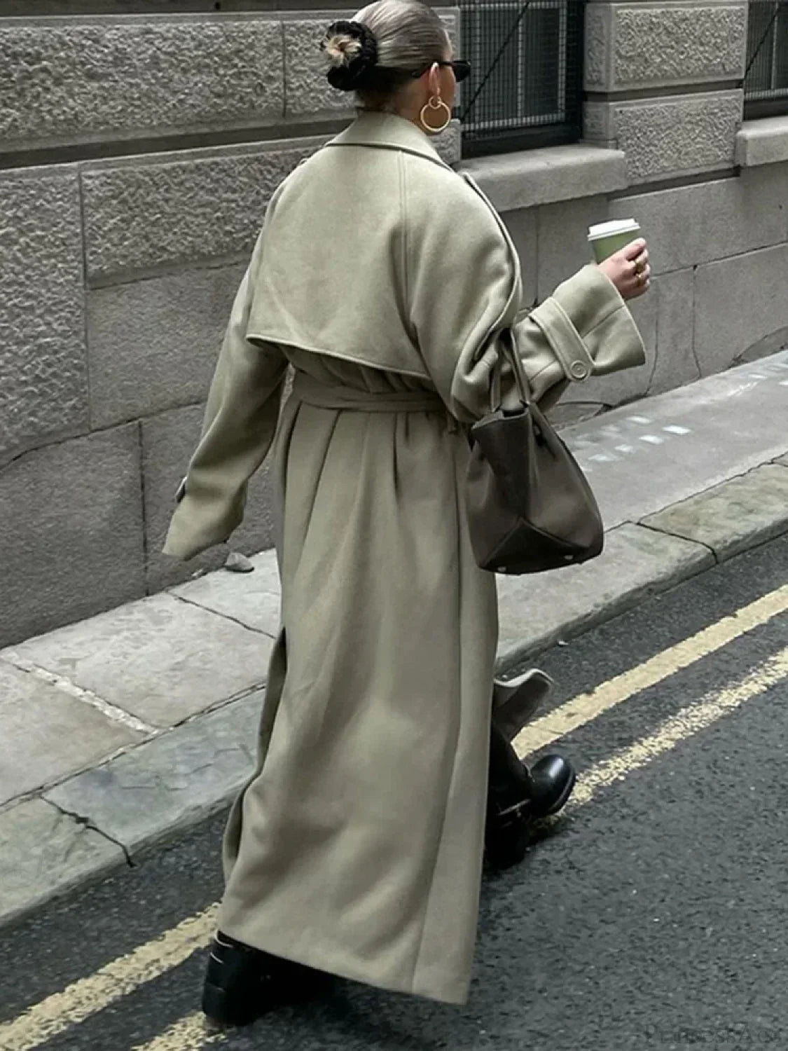 Turn-Down Collar Lace-Up Loose Overcoat