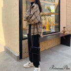 Turn-Down Style Spring - Plaid Outwear Loose 4 Neckline Blouse Harajuku With Fit Batwing-Sleeve Colors