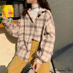 Turn-Down Style Spring - Plaid Outwear Loose 4 Neckline Blouse Harajuku With Fit Batwing-Sleeve Colors