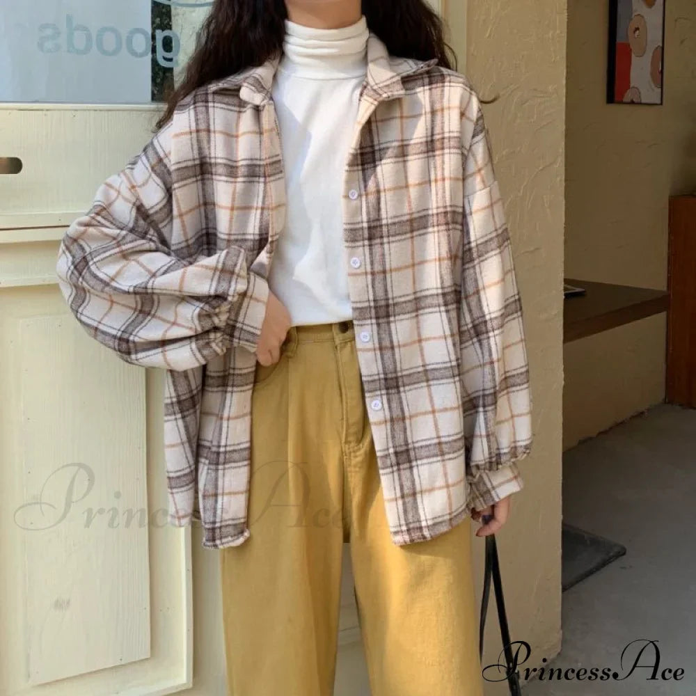Turn-Down Style Spring - Plaid Outwear Loose 4 Neckline Blouse Harajuku With Fit Batwing-Sleeve Colors