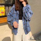 Turn-Down Style Spring - Plaid Outwear Loose 4 Neckline Blouse Harajuku With Fit Batwing-Sleeve Colors