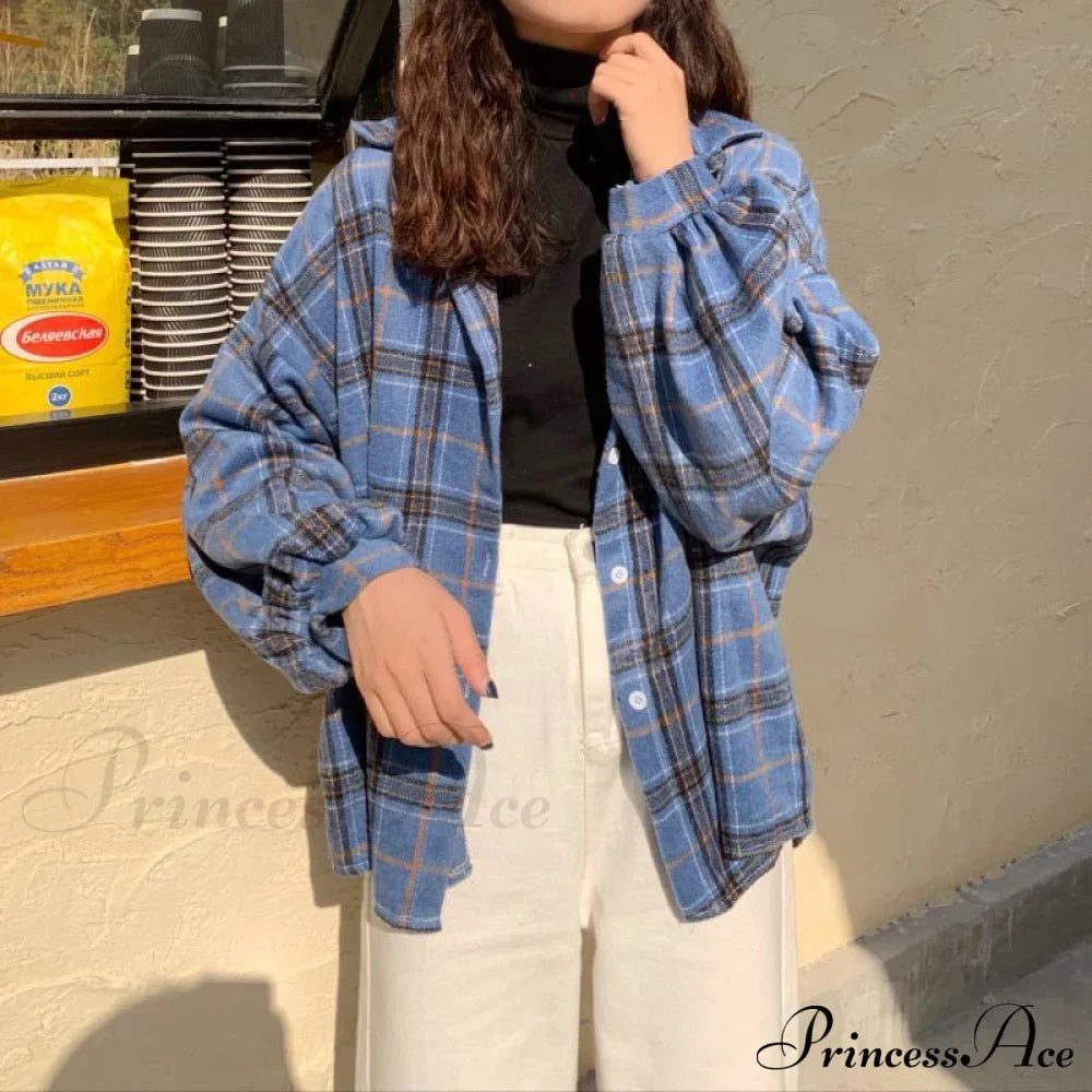 Turn-Down Style Spring - Plaid Outwear Loose 4 Neckline Blouse Harajuku With Fit Batwing-Sleeve Colors