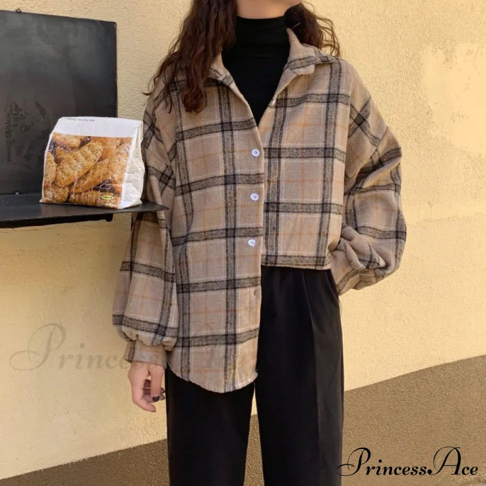 Turn-Down Style Spring - Plaid Outwear Loose 4 Neckline Blouse Harajuku With Fit Batwing-Sleeve Colors