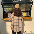 Turn-Down Style Spring - Plaid Outwear Loose 4 Neckline Blouse Harajuku With Fit Batwing-Sleeve Colors