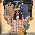 Turn-Down Style Spring - Plaid Outwear Loose 4 Neckline Blouse Harajuku With Fit Batwing-Sleeve Colors