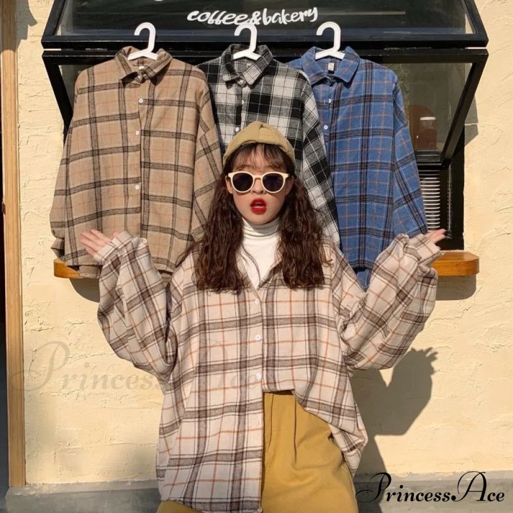 Turn-Down Style Spring - Plaid Outwear Loose 4 Neckline Blouse Harajuku With Fit Batwing-Sleeve Colors