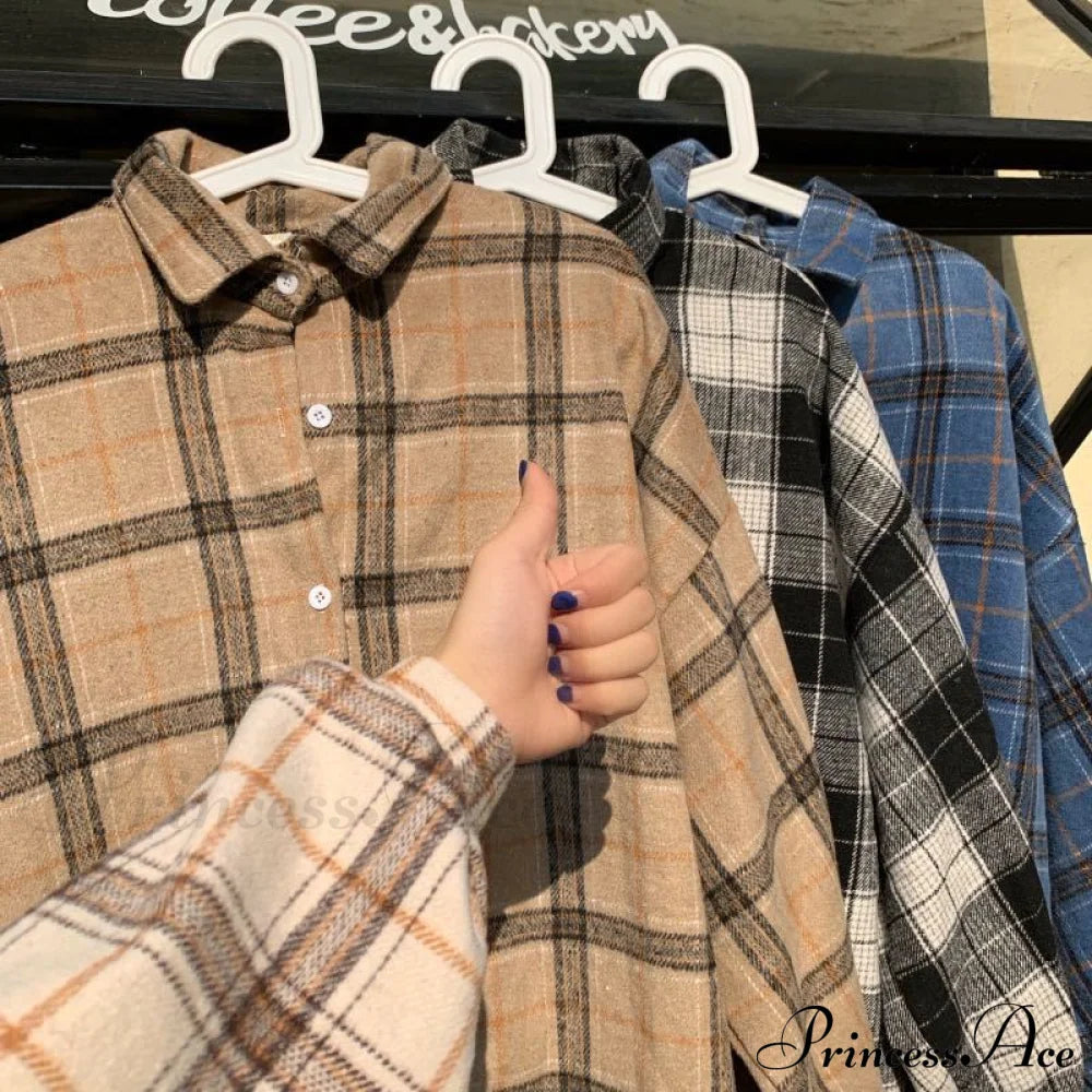 Turn-Down Style Spring - Plaid Outwear Loose 4 Neckline Blouse Harajuku With Fit Batwing-Sleeve Colors