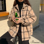 Turn-Down Style Spring - Plaid Outwear Loose 4 Neckline Blouse Harajuku With Fit Batwing-Sleeve Colors