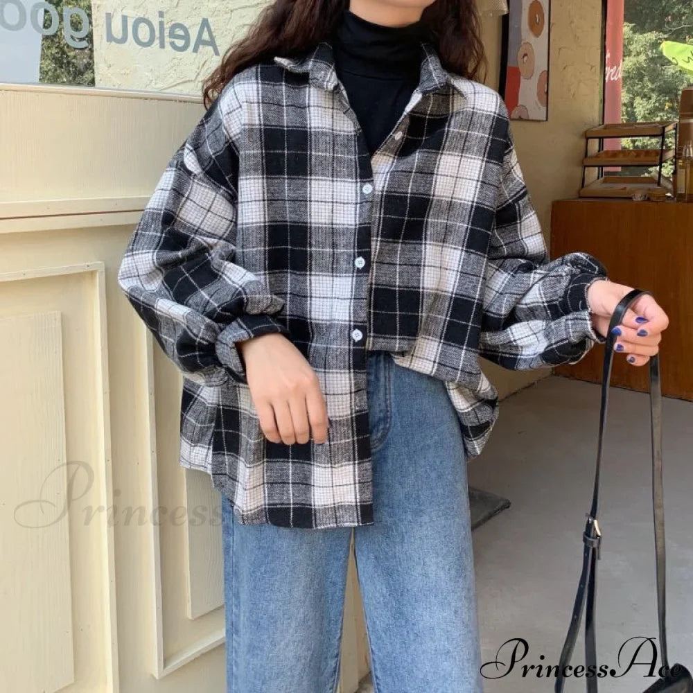 Turn-Down Style Spring - Plaid Outwear Loose 4 Neckline Blouse Harajuku With Fit Batwing-Sleeve Colors