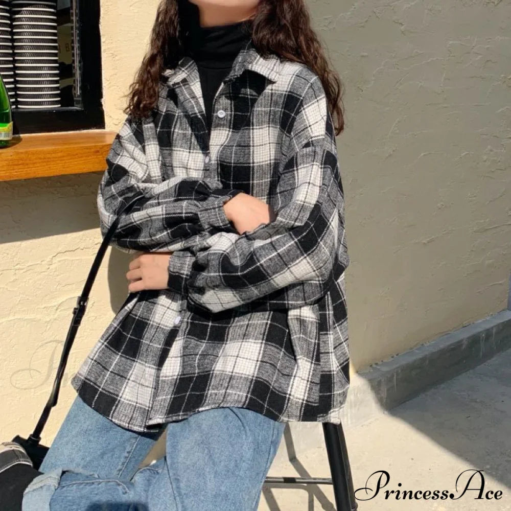 Turn-Down Style Spring - Plaid Outwear Loose 4 Neckline Blouse Harajuku With Fit Batwing-Sleeve Colors