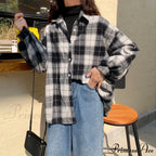 Turn-Down Style Spring - Plaid Outwear Loose 4 Neckline Blouse Harajuku With Fit Batwing-Sleeve Colors