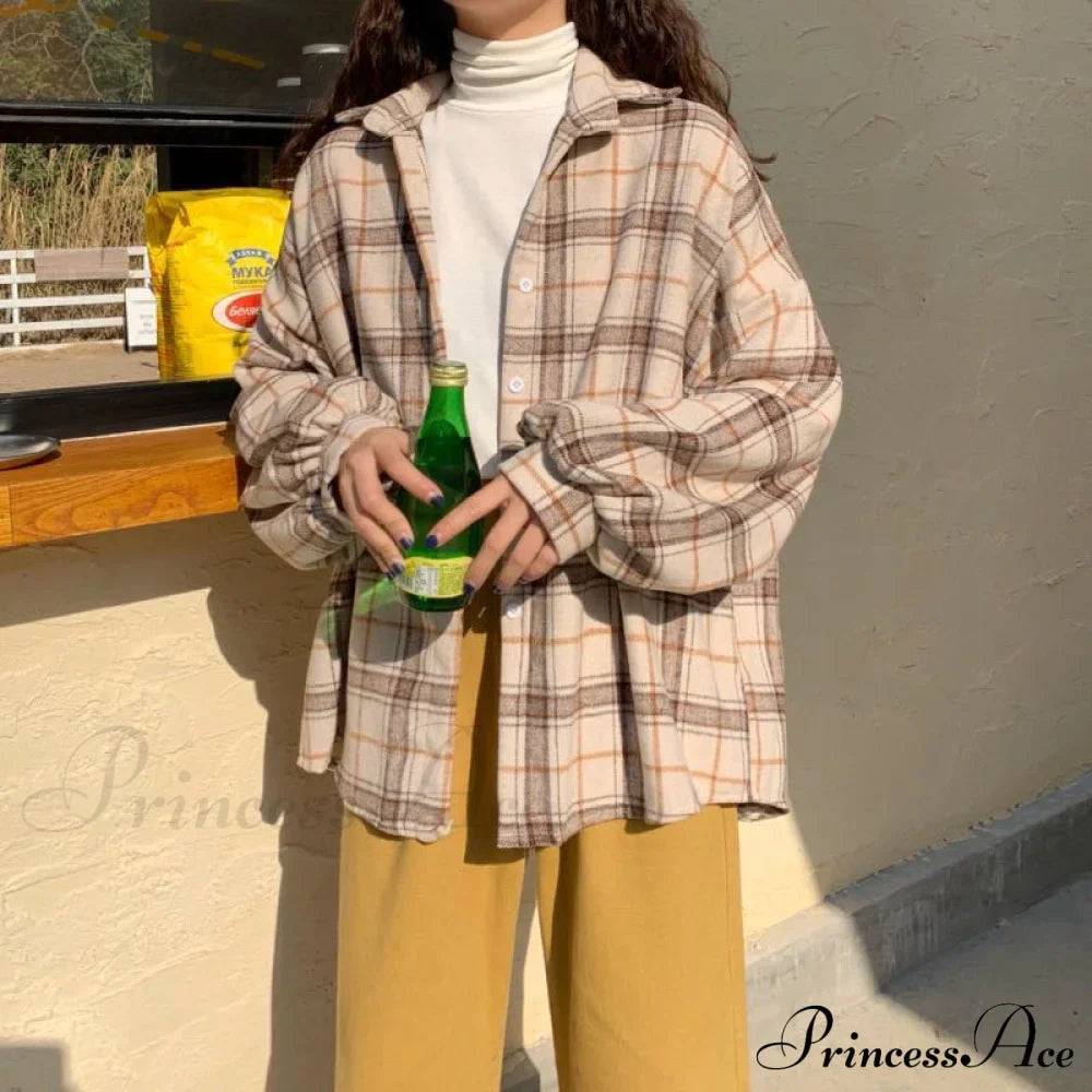 Turn-Down Style Spring - Plaid Outwear Loose 4 Neckline Blouse Harajuku With Fit Batwing-Sleeve Colors