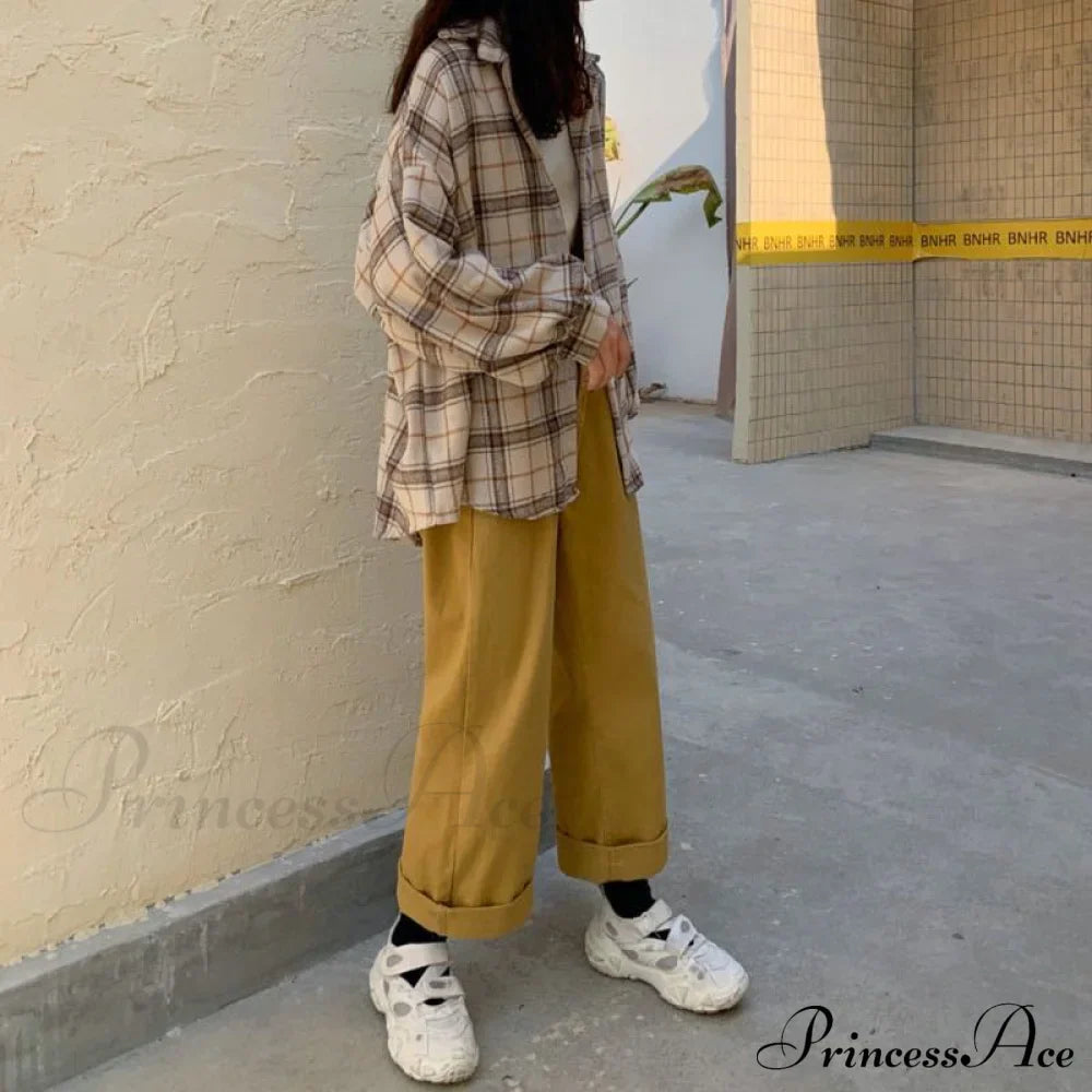 Turn-Down Style Spring - Plaid Outwear Loose 4 Neckline Blouse Harajuku With Fit Batwing-Sleeve Colors
