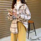 Turn-Down Style Spring - Plaid Outwear Loose 4 Neckline Blouse Harajuku With Fit Batwing-Sleeve Colors