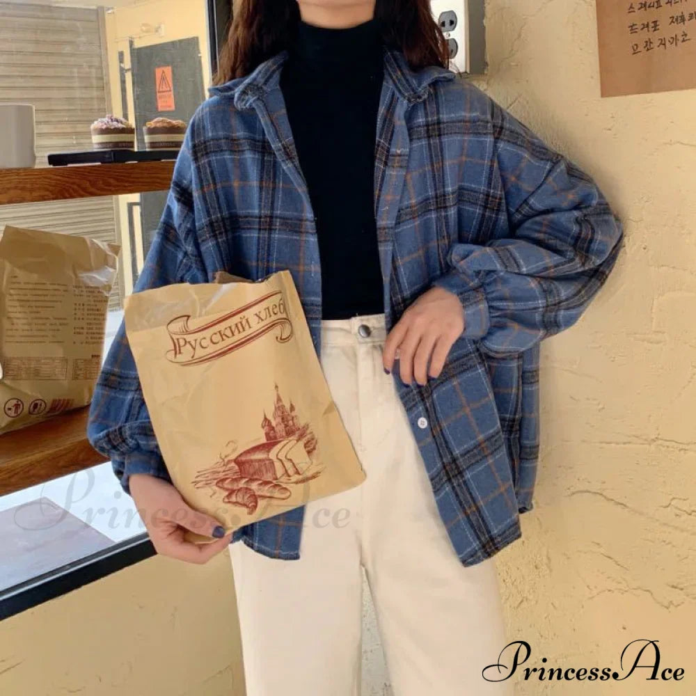 Turn-Down Style Spring - Plaid Outwear Loose 4 Neckline Blouse Harajuku With Fit Batwing-Sleeve Colors