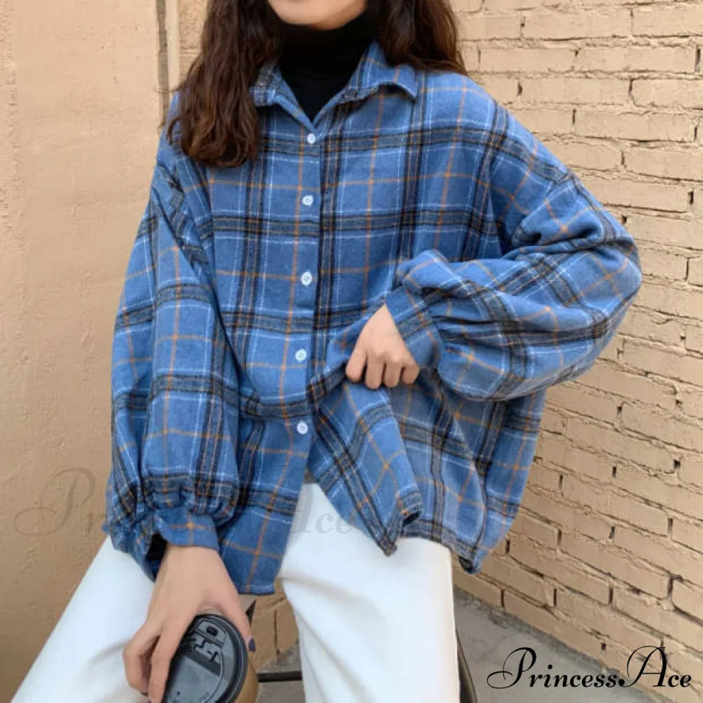 Turn-Down Style Spring - Plaid Outwear Loose 4 Neckline Blouse Harajuku With Fit Batwing-Sleeve Colors