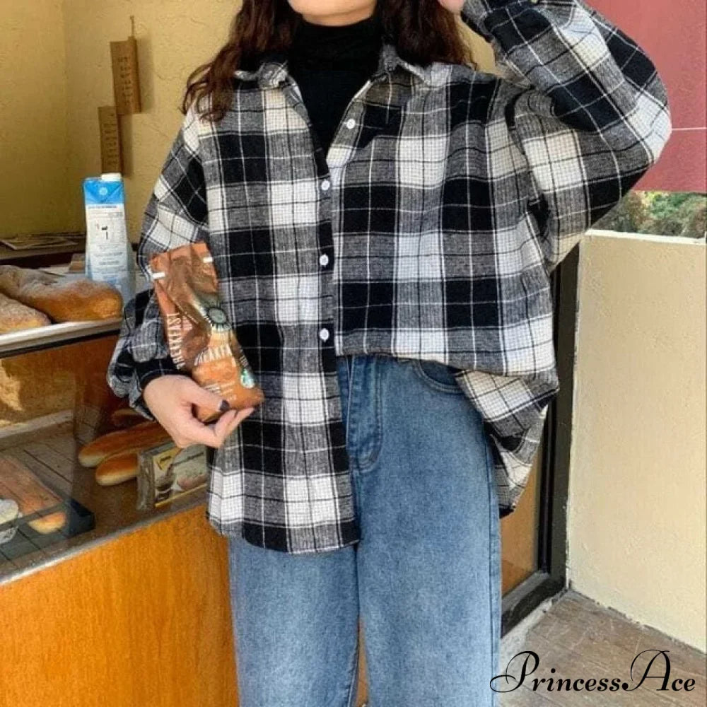 Turn-Down Style Spring - Plaid Outwear Loose 4 Neckline Blouse Harajuku With Fit Batwing-Sleeve Colors