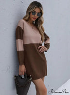 Turtleneck Loose Knit Stitching Sweater Dress
