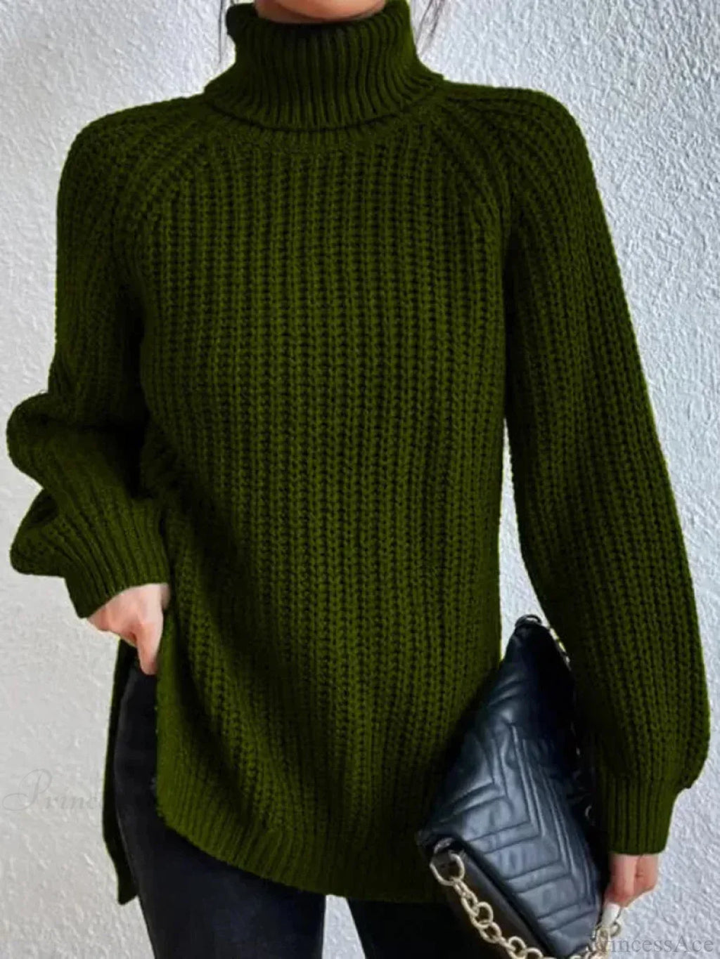 Turtleneck Split Crochet Thick Sweater
