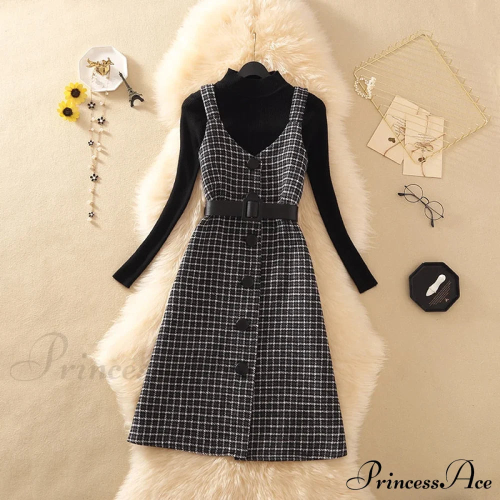 Two Winter Knee-Length Vestidos Autumn Plus Party Women Elegant Wool Piece Belt Gown Valentine'S For With Dresses Size S