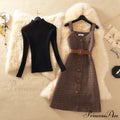 Two Winter Knee-Length Vestidos Autumn Plus Party Women Elegant Wool Piece Belt Gown Valentine'S For With Dresses Size S
