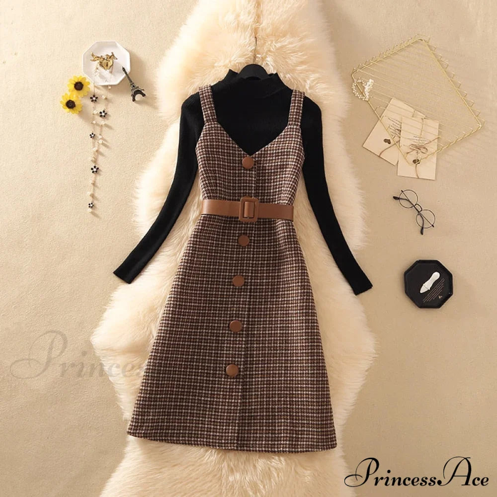 Two Winter Knee-Length Vestidos Autumn Plus Party Women Elegant Wool Piece Belt Gown Valentine'S For With Dresses Size S