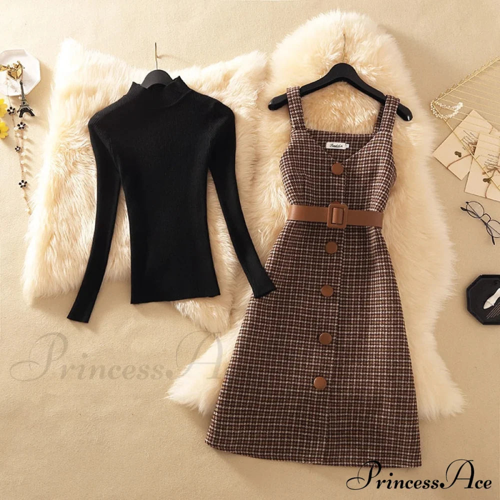 Two Winter Knee-Length Vestidos Autumn Plus Party Women Elegant Wool Piece Belt Gown Valentine'S For With Dresses Size S