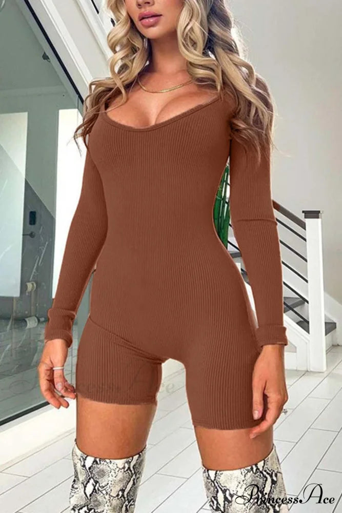 U Neck Bodycon Rompers - Long Sleeve