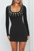 U Neck Long Sleeve Fitted Mini Dress