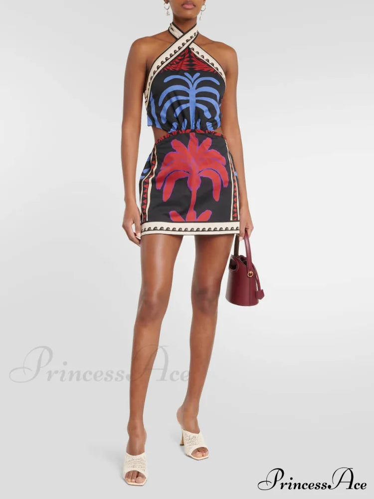 Unique Summer Print Charming Halter Neck Mini Dress